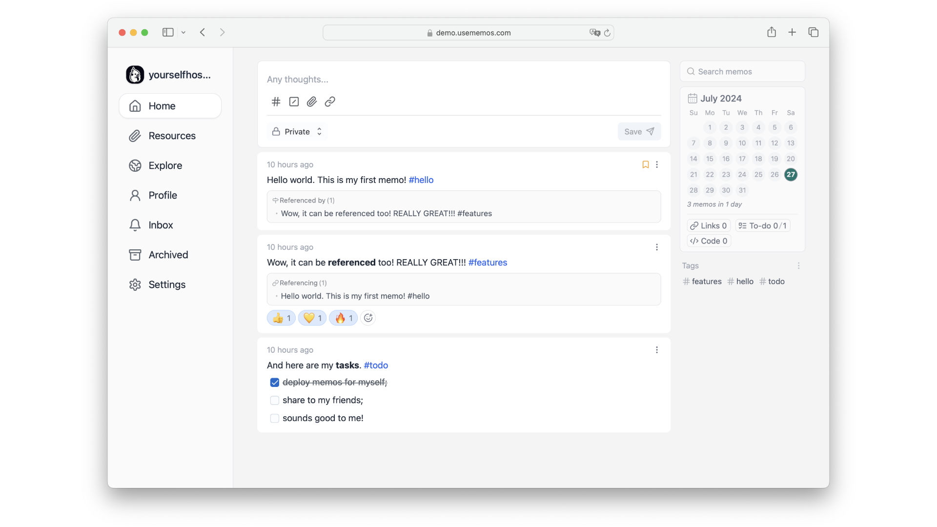Interface minimaliste de l'application Memos